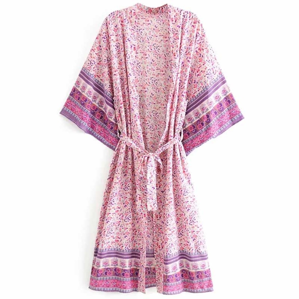 boho floral print kimono cover up belted beach - Picture 1 of 6